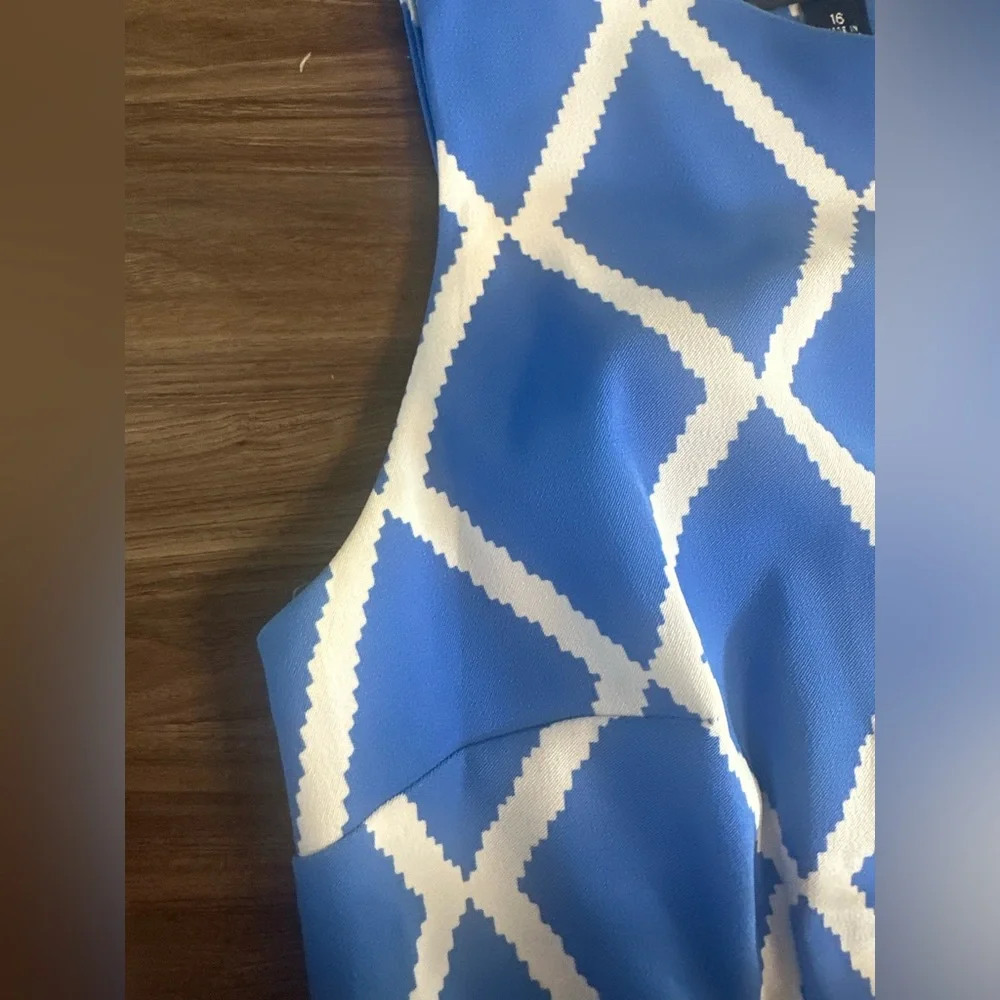 ALYX Dress Blue White Geometric Sheath Dress Size 16 Sleeveless Stretch - Picture 7 of 10